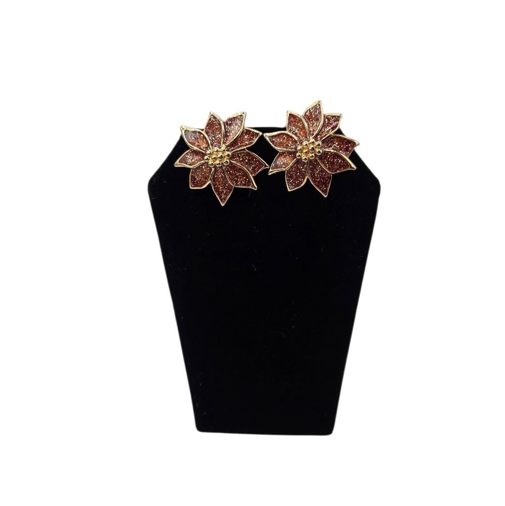 Vintage Pointsettia Post Earrings With Goldtone And Red Glitter ~ 70s-90's Era